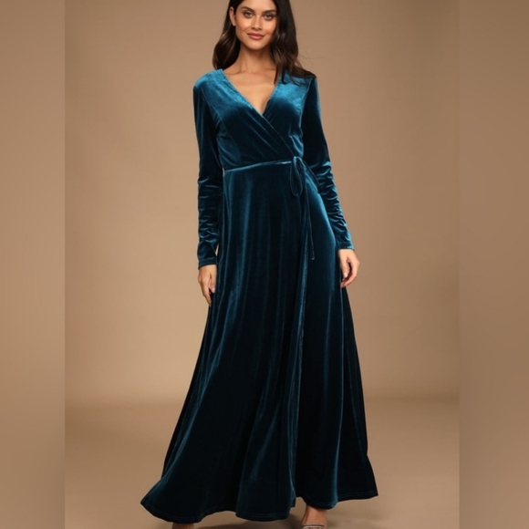 Lulus Jacinda Elegant Teal Blue CrushedVelvet Wrap Maxi Gown Wedding Dress Sz 1X - Picture 1 of 12